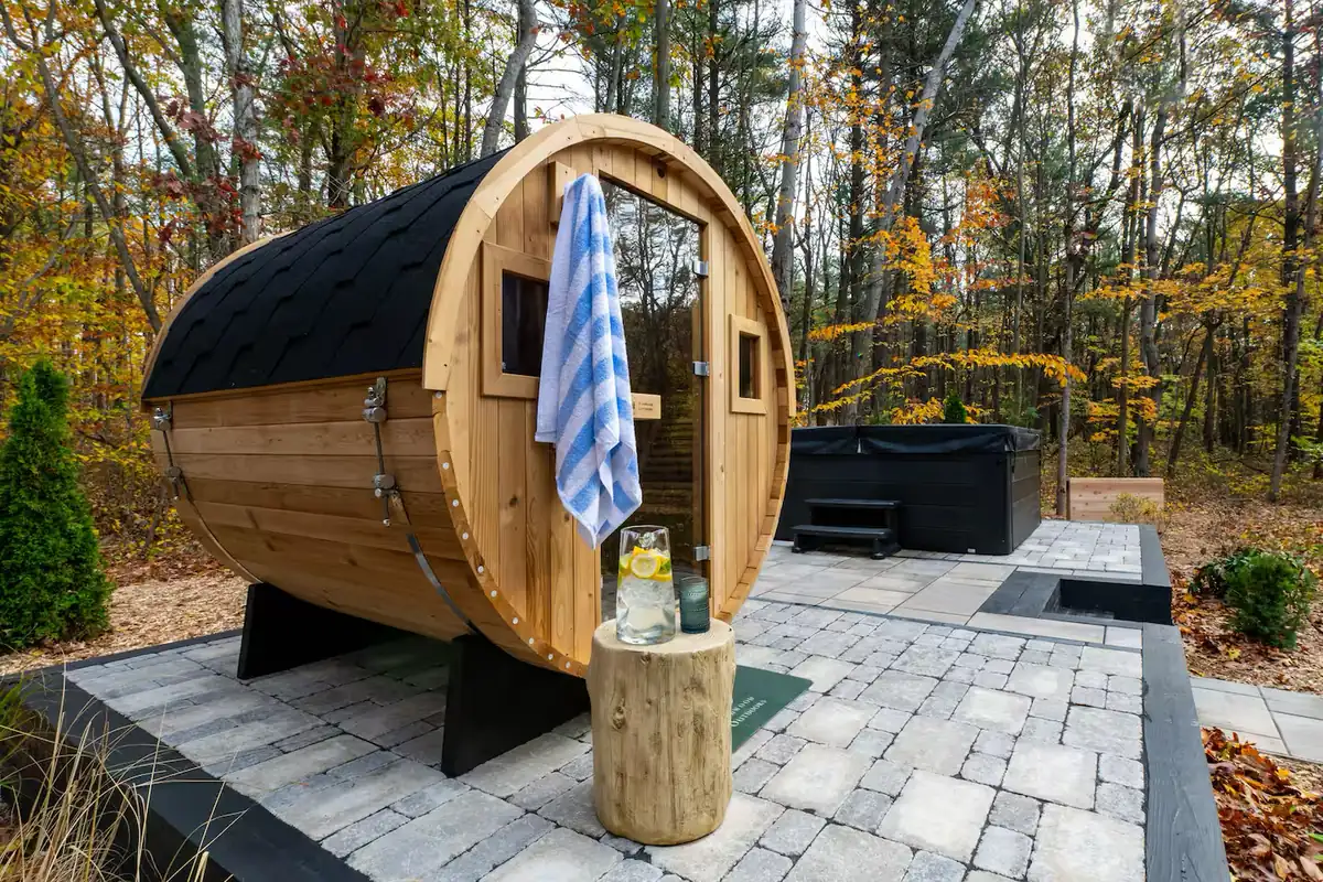Cedar barrel sauna on a terrace